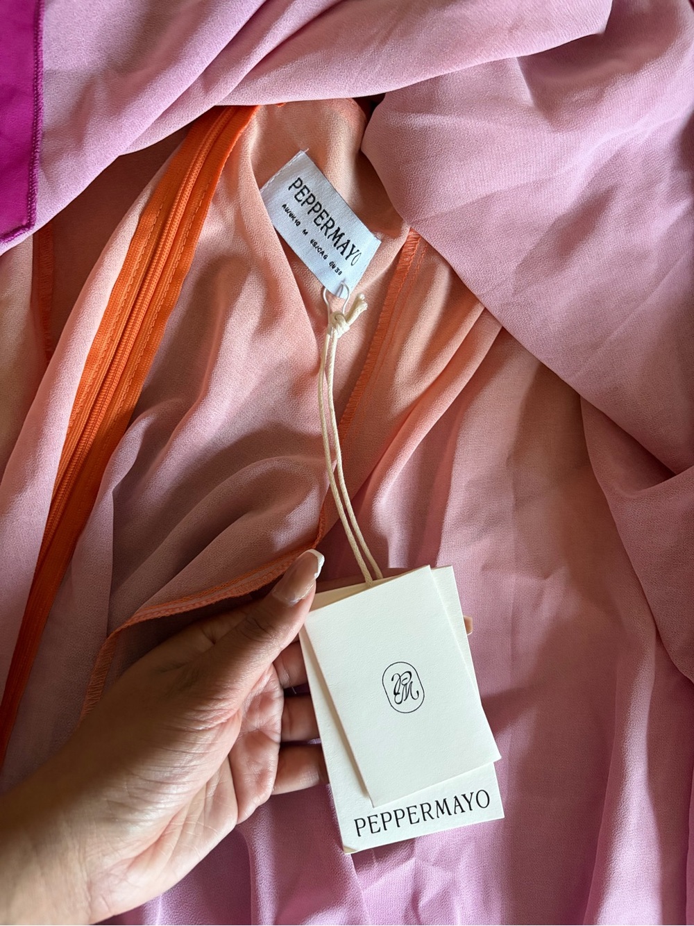 Peppermayo Pink to Orange Ombre High-Low Mini Dress with Floral appliqué - Picture 4 of 6